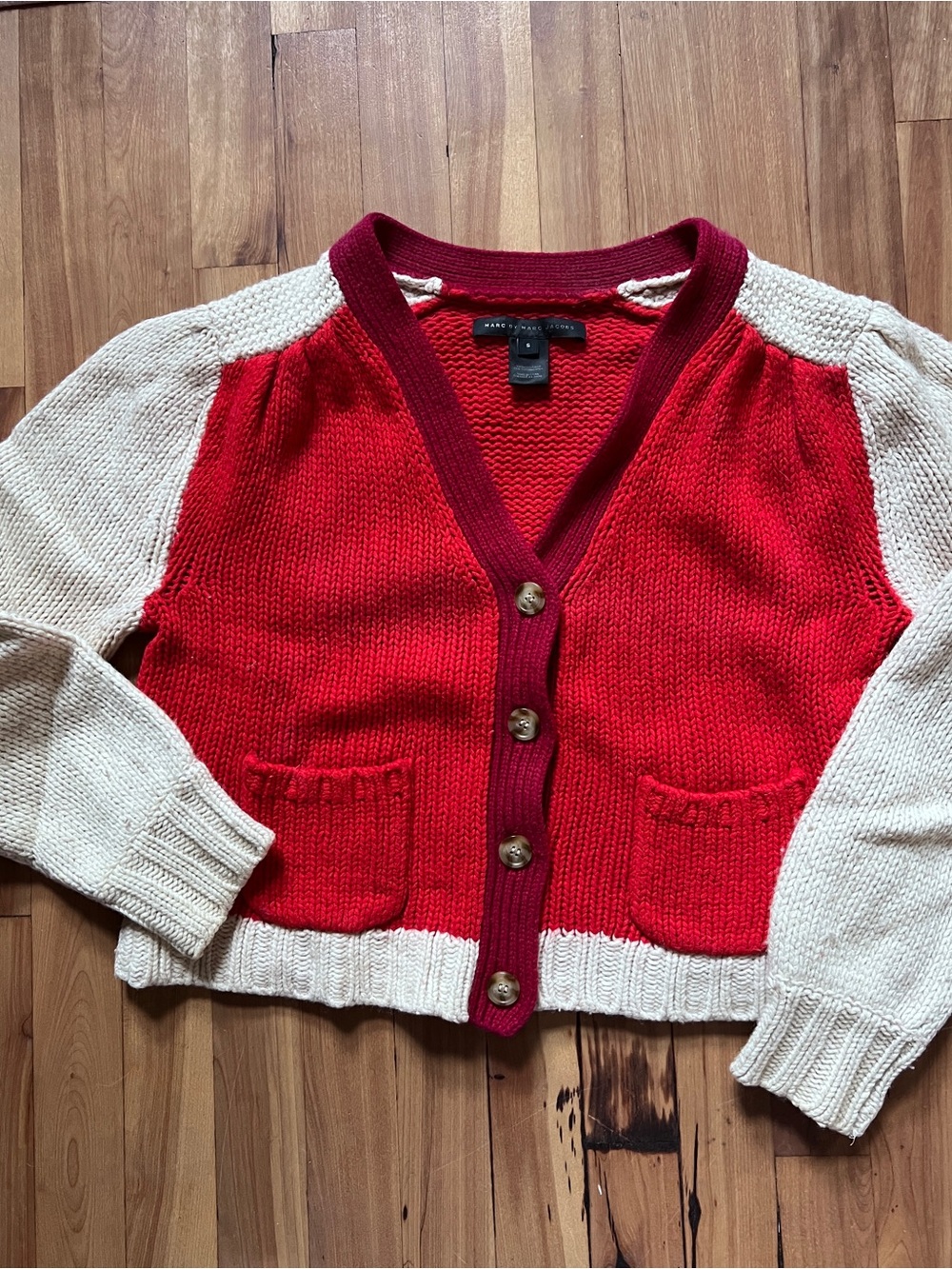 Vintage Marc by Marc Jacobs Wool Red and Cream Button-Front Cardigan Sweater